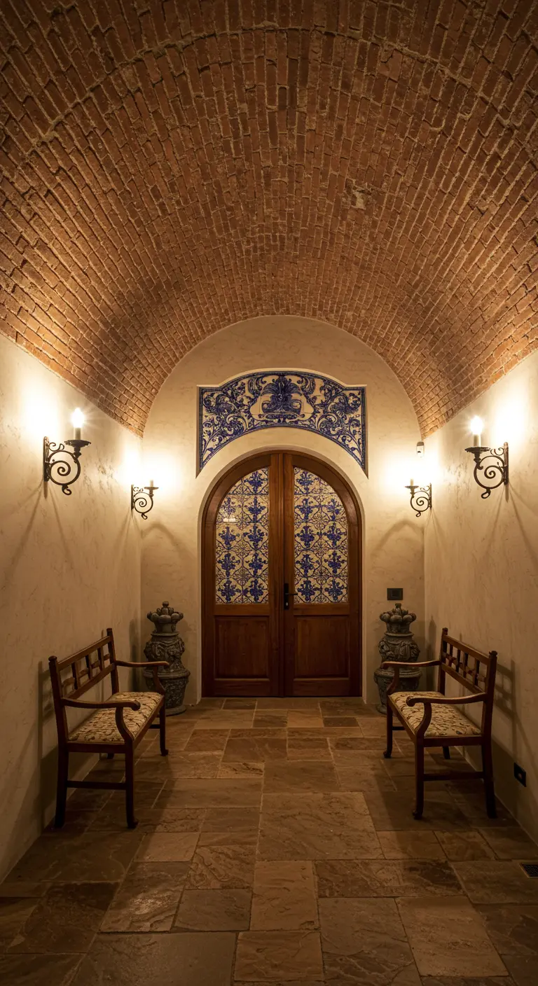 Entrada rústica con un dintel de azulejos azules y blancos sobre una puerta de madera oscura.