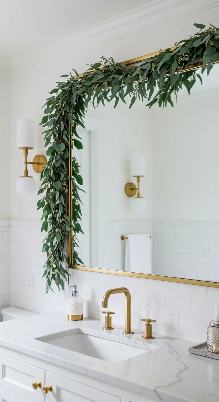 Guirnalda de eucalipto fresco sobre un espejo con marco dorado en un baño blanco.