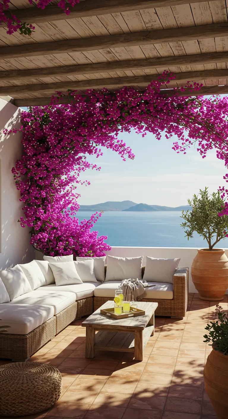 Terraza mediterránea con sofá de mimbre blanco y buganvilla fucsia enmarcando el mar azul.