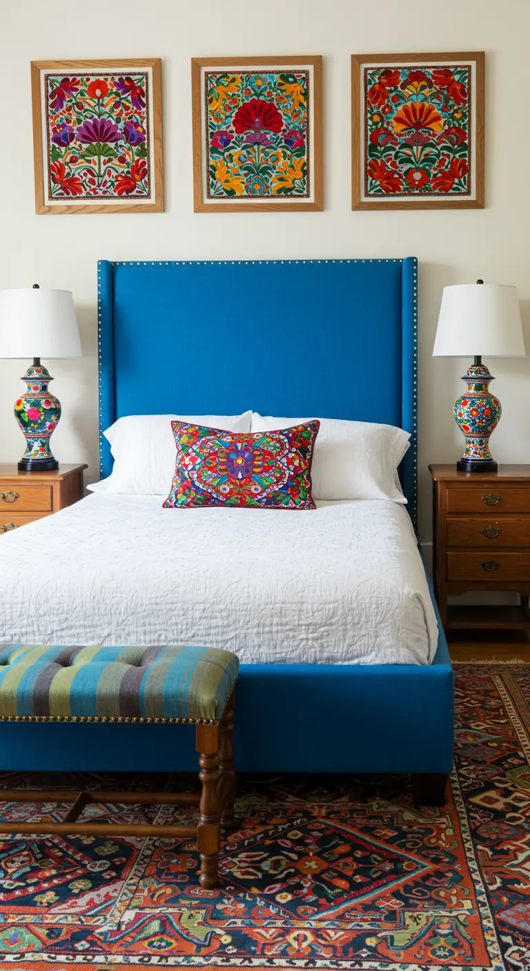 Dormitorio con cabecero azul, y tres cuadros con bordados de flores de colores en la pared.