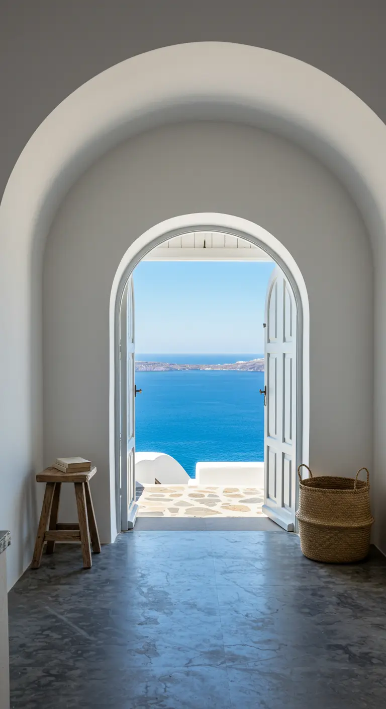 Puerta blanca abierta con vistas directas al mar azul de Santorini.