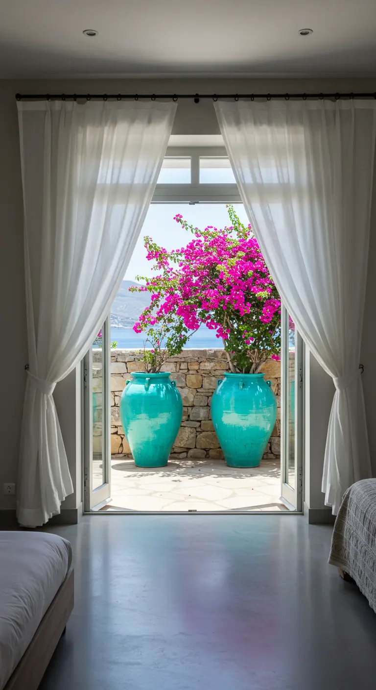 Vistas desde un dormitorio a un balcón con grandes macetas turquesa y buganvillas.