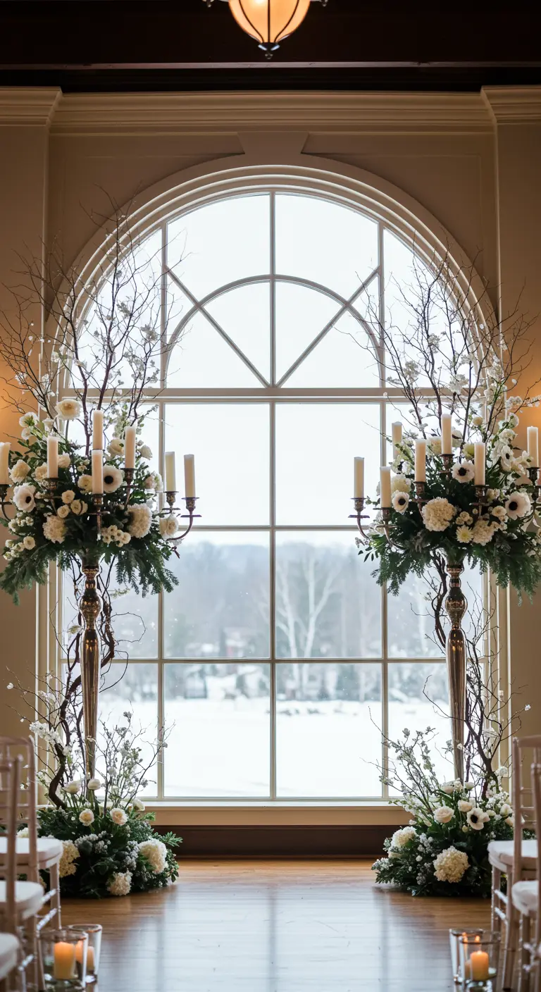 Altar de ceremonia frente a una ventana arqueada, enmarcado por altos candelabros con flores.
