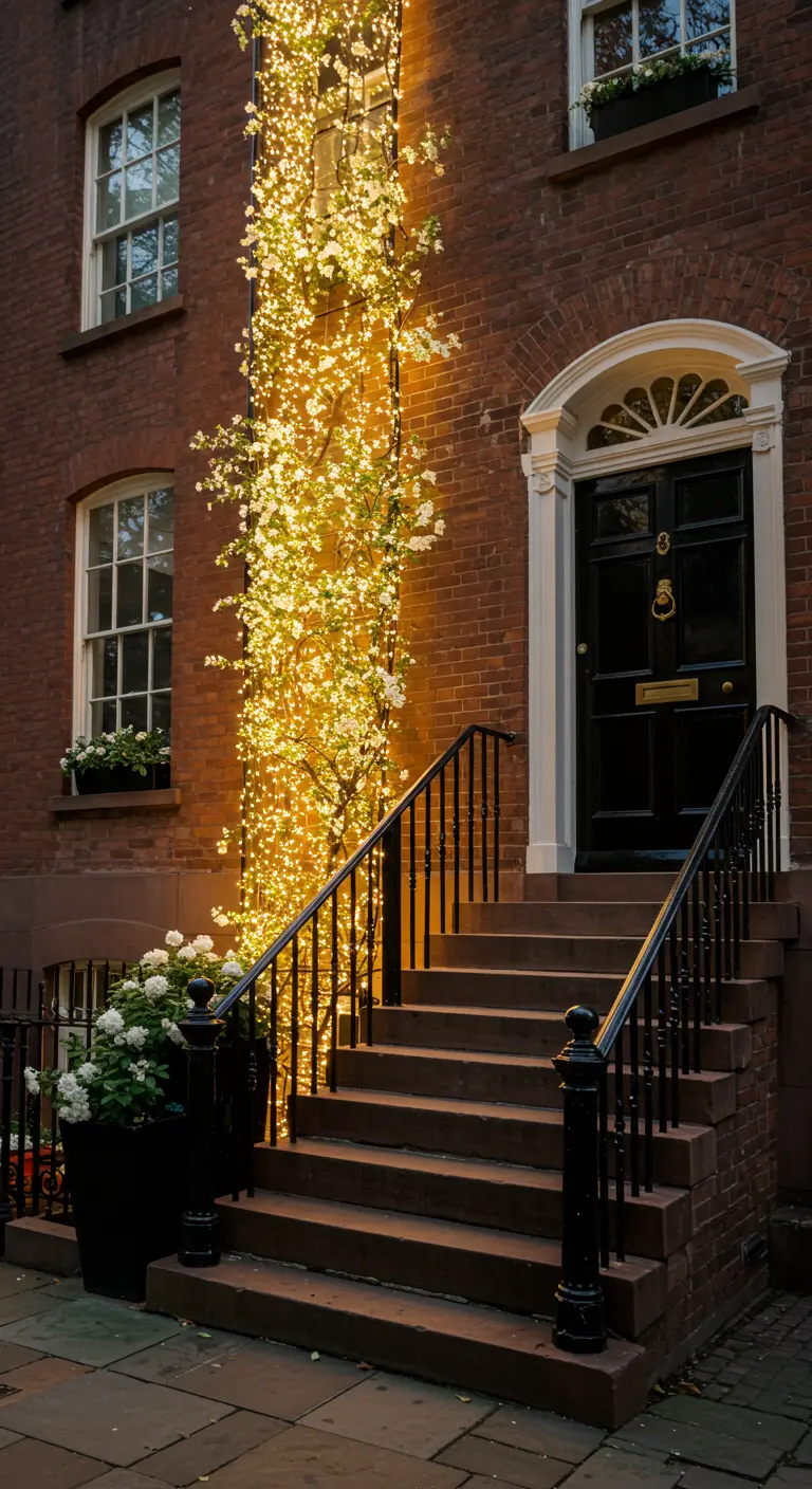 Fachada de ladrillo con una trepadora artificial iluminada con luces de hadas desde el suelo hasta el techo.