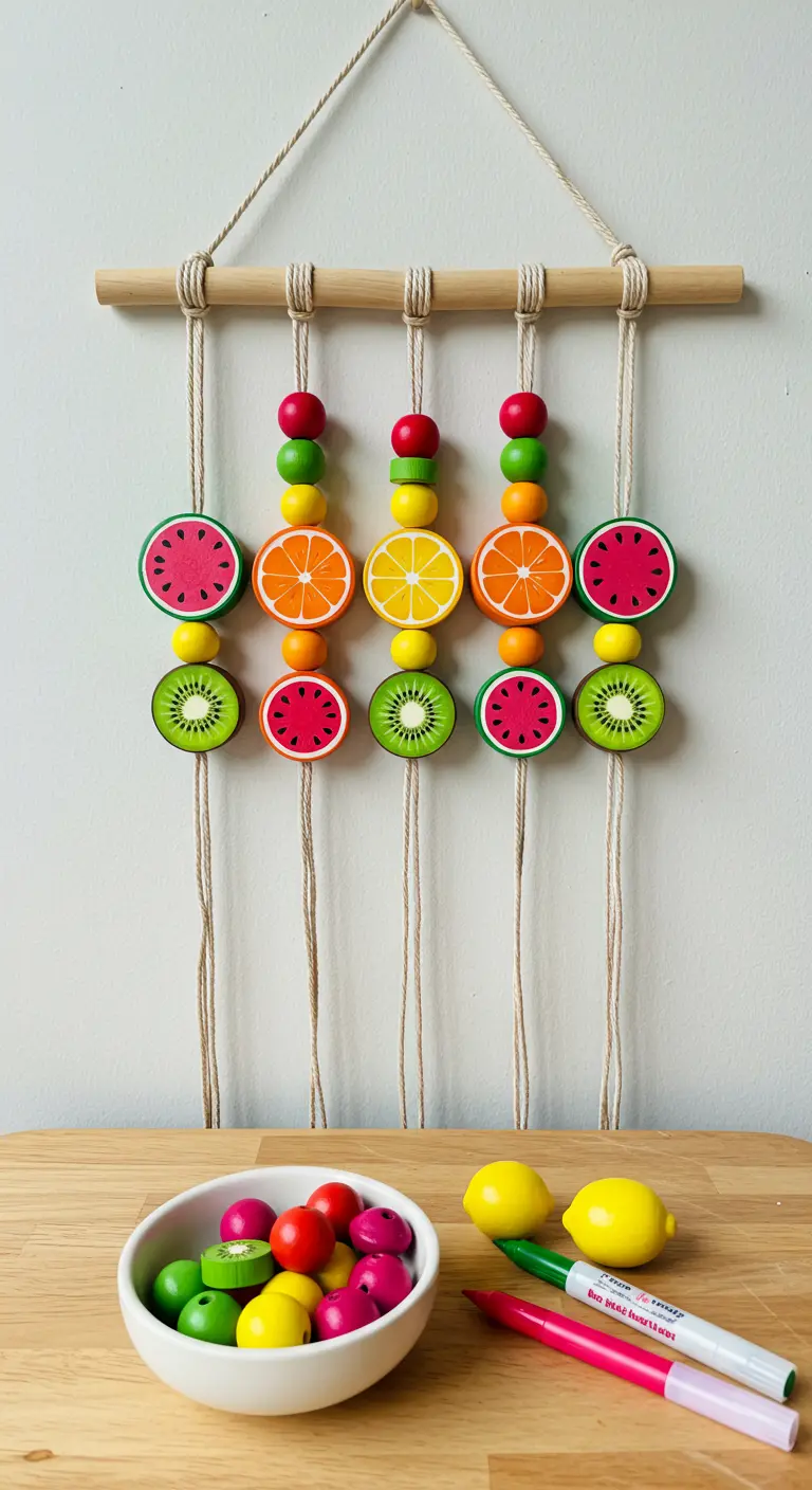 Colgante de pared hecho con cuerdas y cuentas de madera pintadas como frutas.