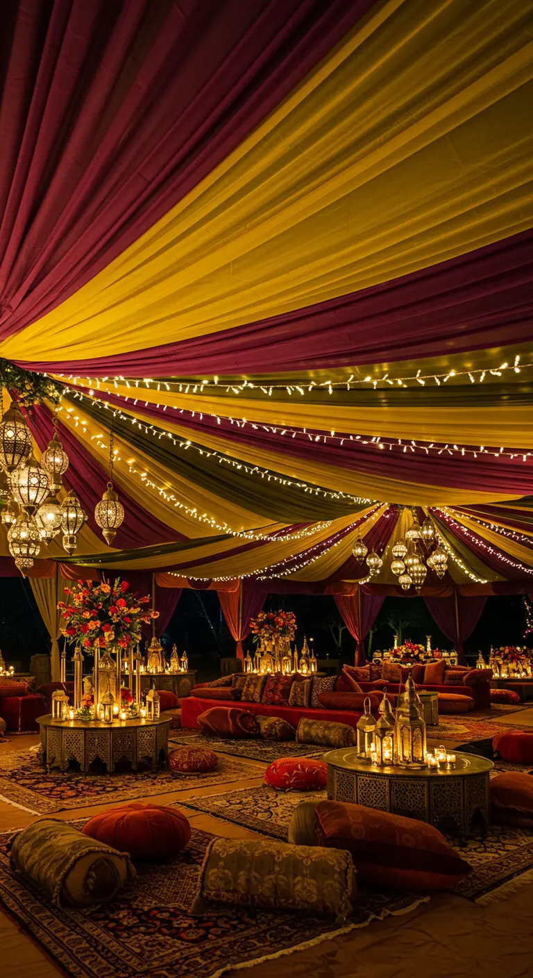 Carpa de boda estilo marroquí con telas de colores, cojines y luces colgantes.