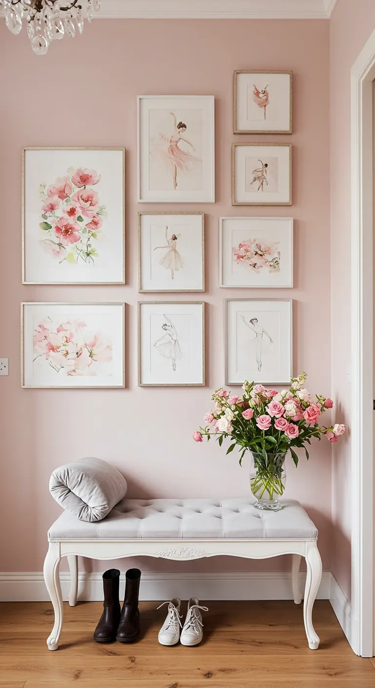 Pasillo romántico con paredes rosas, cuadros de bailarinas y flores, y un banco tapizado blanco.