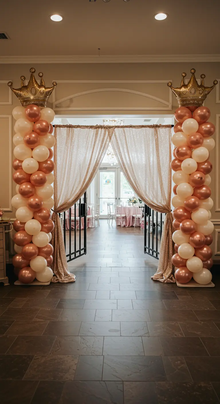 Dos columnas de globos en oro rosa y blanco con coronas doradas, flanqueando una entrada.