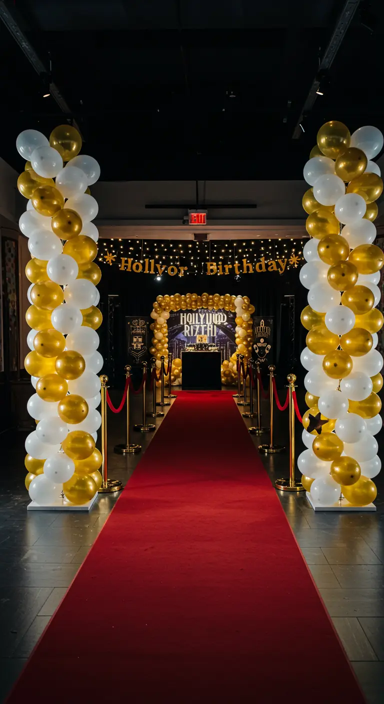 Entrada de fiesta tipo Hollywood con alfombra roja y columnas de globos blancos y dorados.