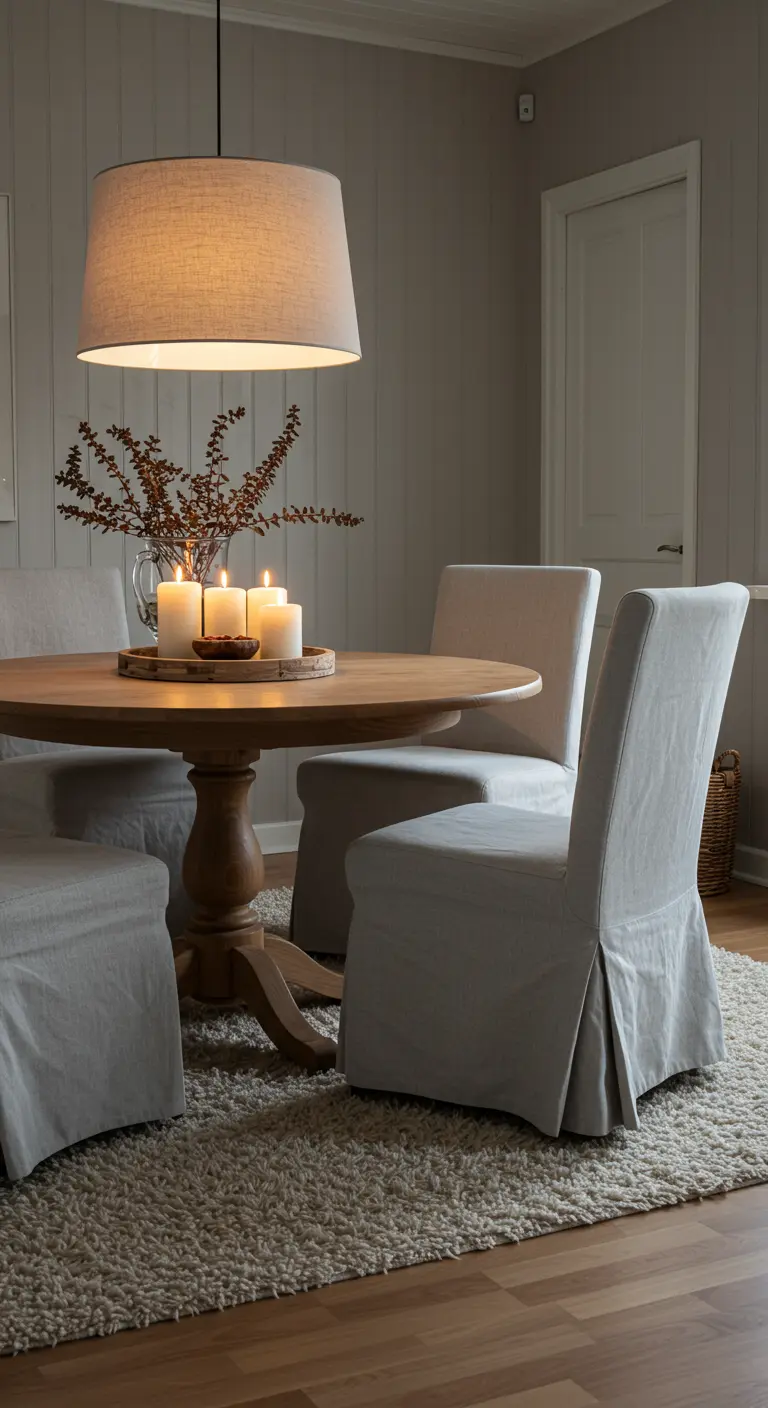Comedor íntimo con mesa redonda de madera y sillas con fundas de lino gris.