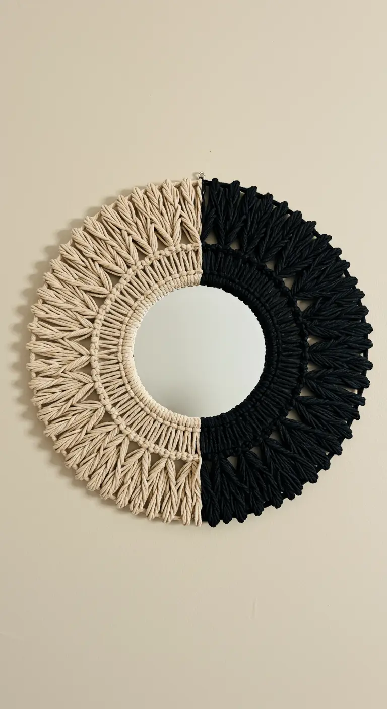 Espejo de macramé redondo con un diseño mitad negro y mitad crudo.