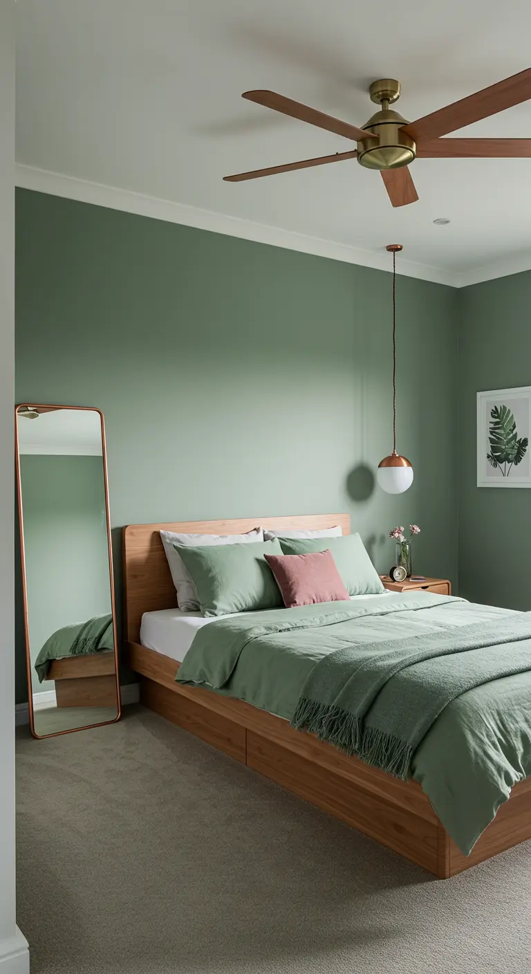 Dormitorio con paredes verde salvia, cama de madera y espejo y lámpara de cobre.