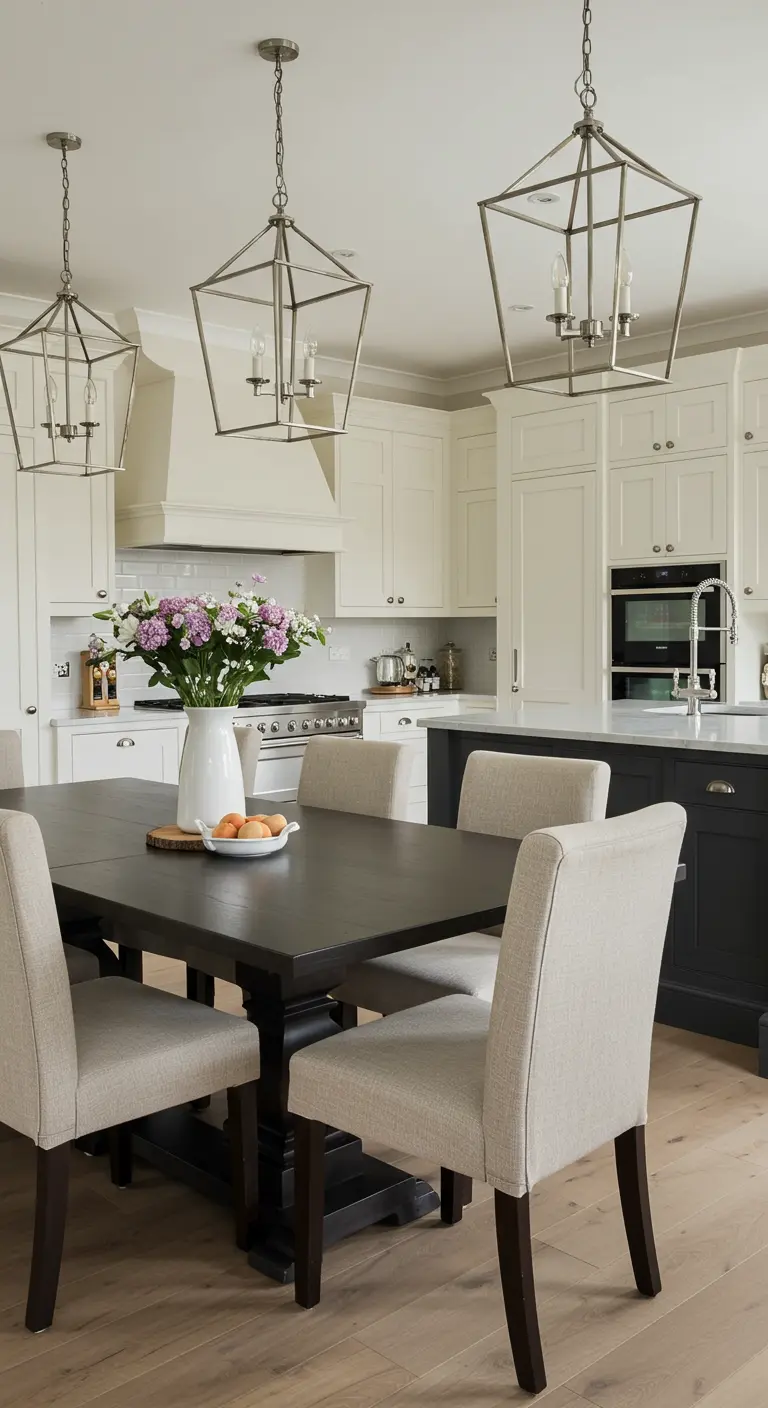 Cocina de transición con gabinetes blancos, isla oscura y comedor a juego.
