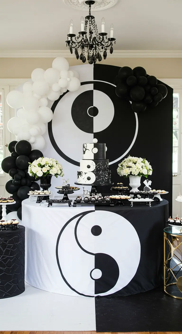 Mesa de postres temática de yin y yang con un gran símbolo de fondo y decoración a juego.