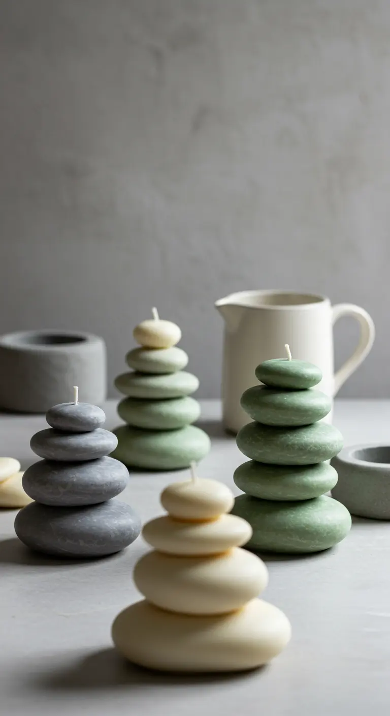 Velas caseras que imitan piedras apiladas en tonos grises, verdes y marfil