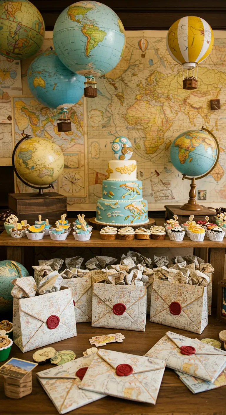 Bolsas de regalo hechas con papel de mapa y sellos de cera para una fiesta de viajes.