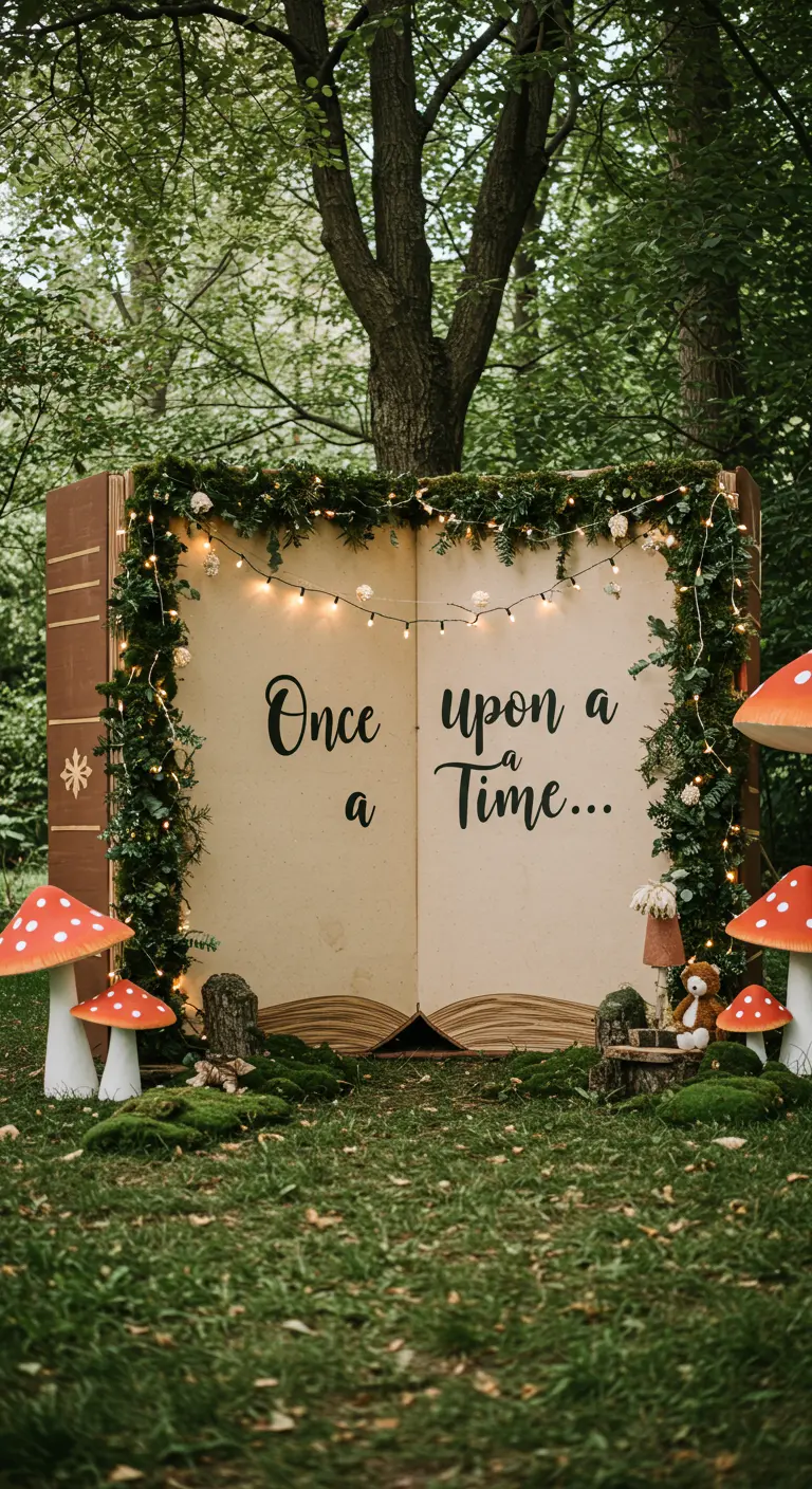 Photocall gigante en forma de libro de cuentos abierto, decorado con luces y vegetación.