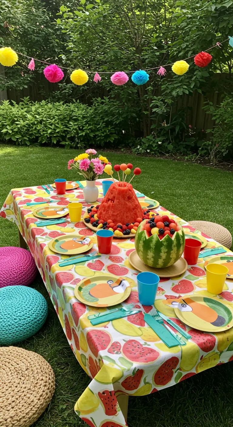 Mesa de fiesta infantil con un centro de mesa de sandía tallada y mantel de frutas.