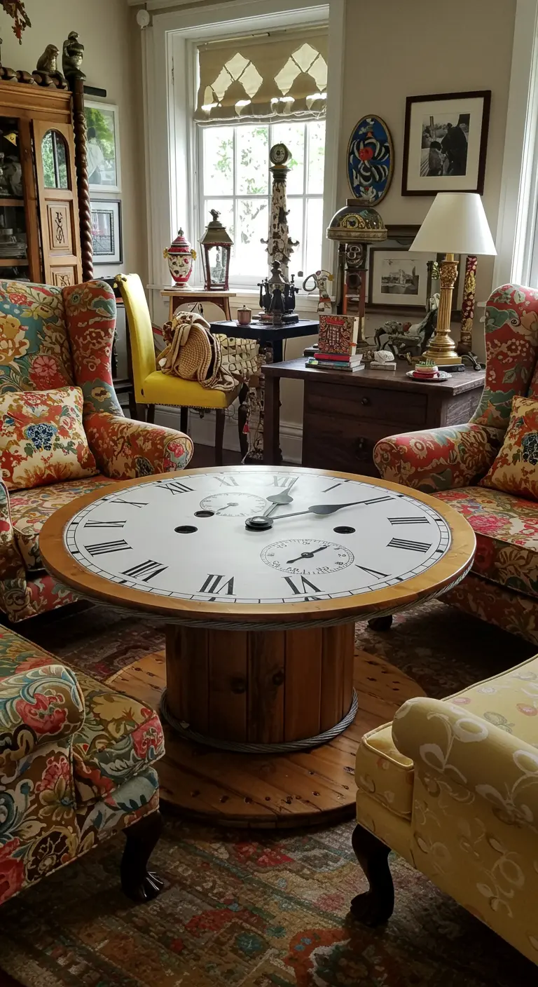 Mesa de centro de carrete de cable con una esfera de reloj gigante pintada en la superficie.