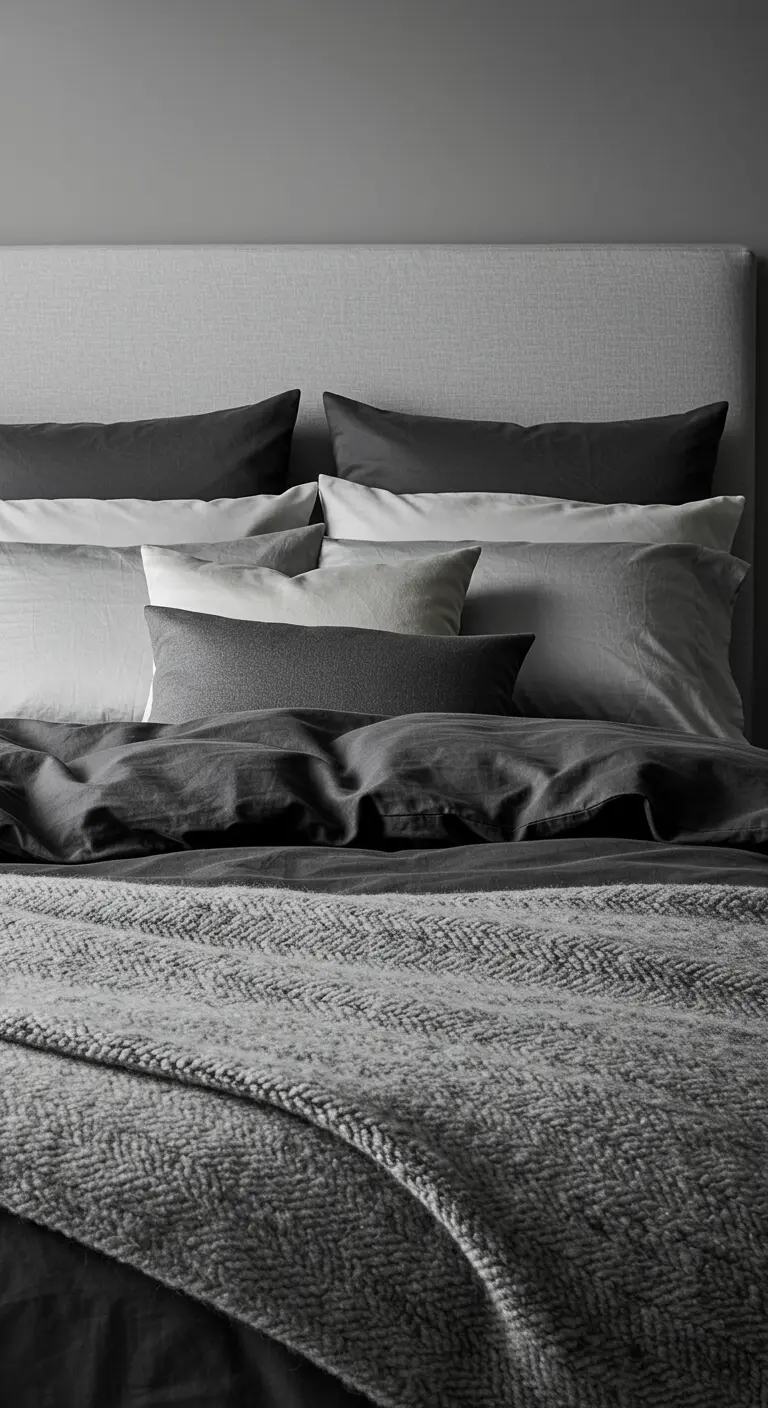 Cama vestida con capas de textiles en diferentes tonos y texturas de gris, incluyendo una manta de espiga.