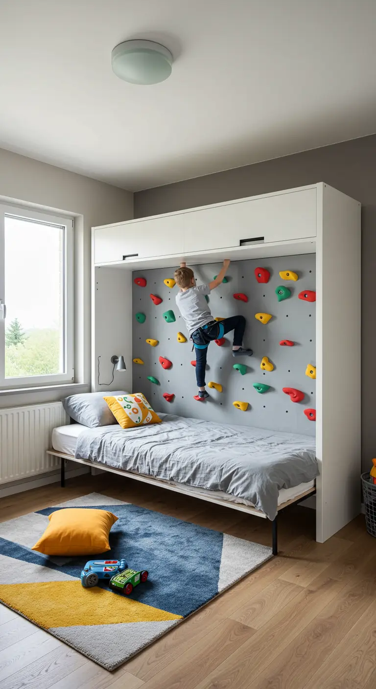 Cama abatible para niños con un rocódromo en su base para escalar.