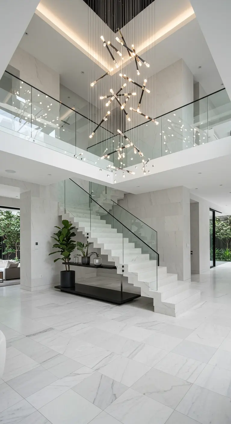 Impresionante recibidor de doble altura con suelo de mármol, escalera blanca y una gran lámpara moderna.