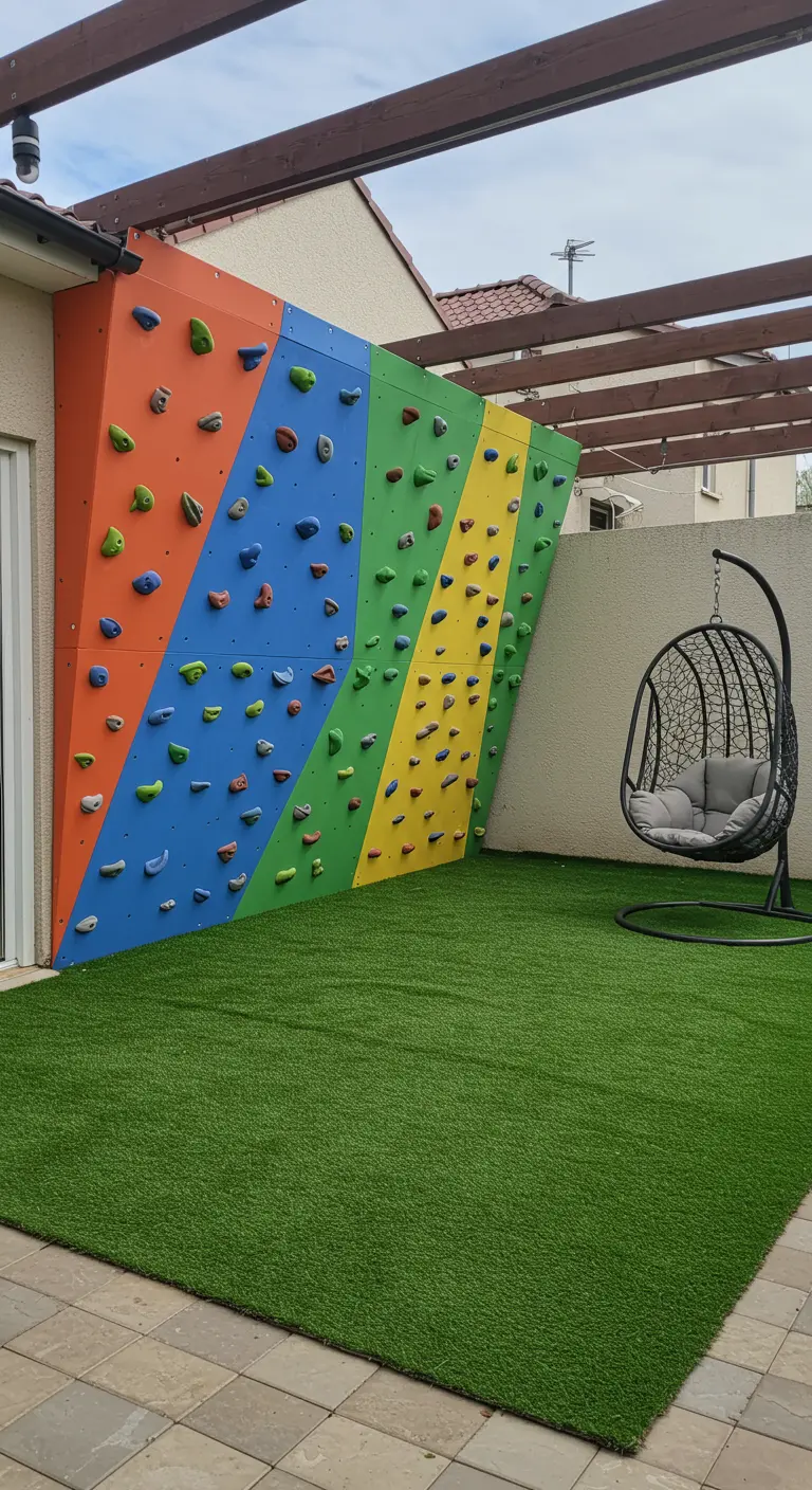 Rocódromo de colores instalado en el patio de una casa, sobre una superficie de césped artificial