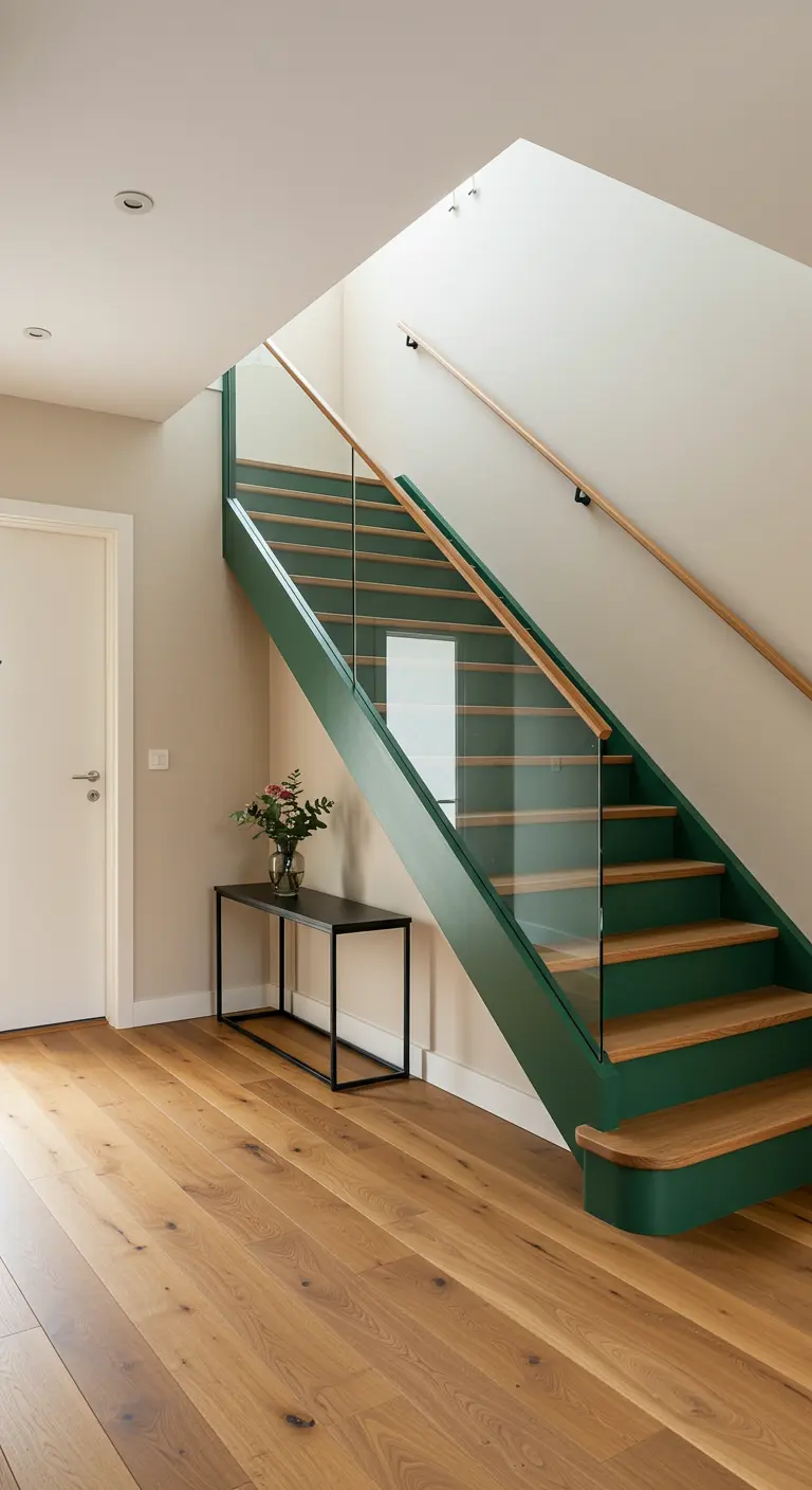 Escalera con estructura pintada de verde bosque y barandilla de cristal en un pasillo luminoso.