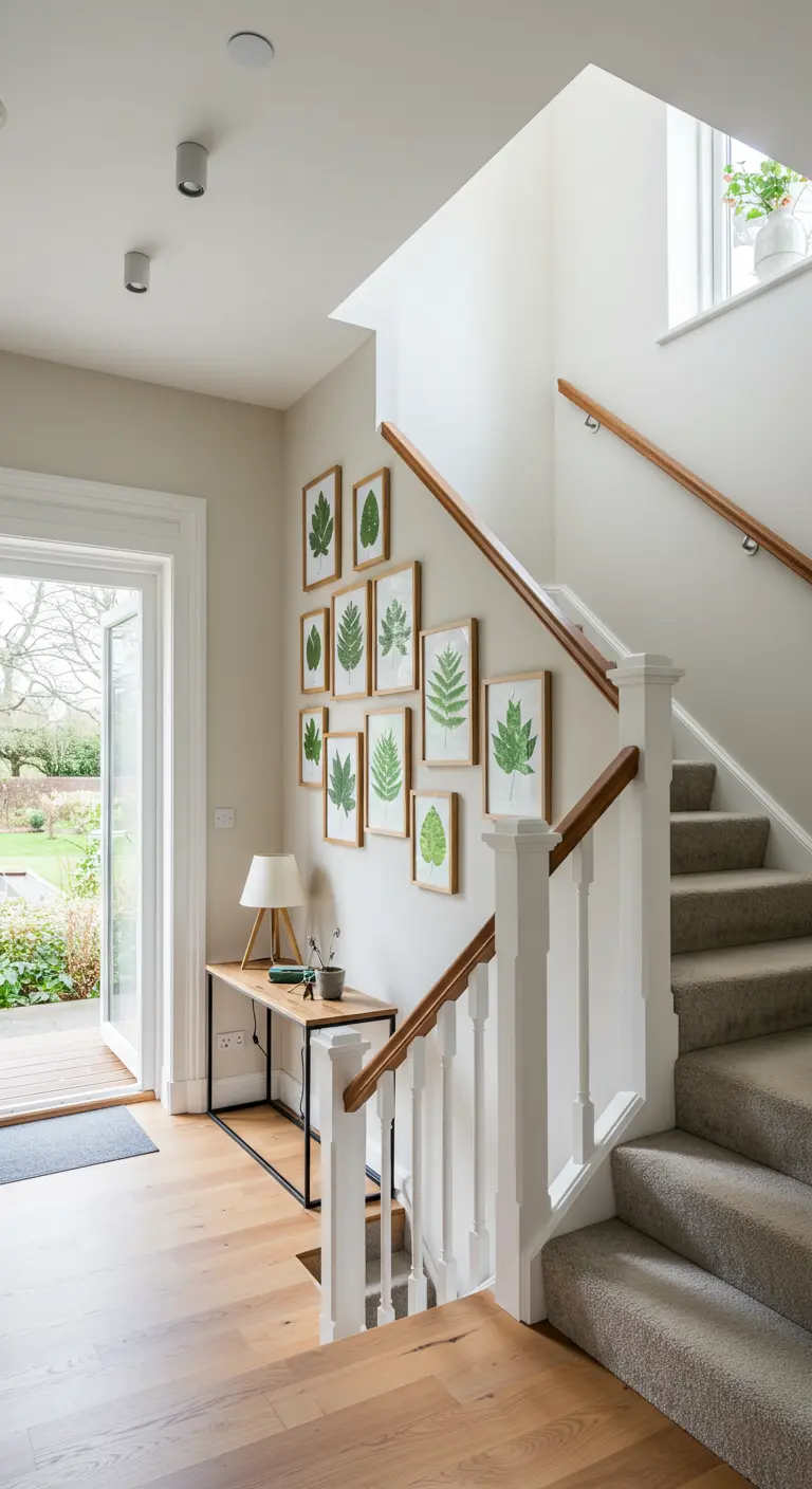 Galería de láminas botánicas que asciende junto a una escalera de madera y balaustres blancos