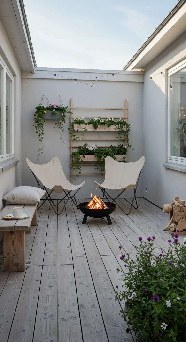 Patio acogedor con sillas mariposa, fogón y una jardinera vertical en forma de escalera.