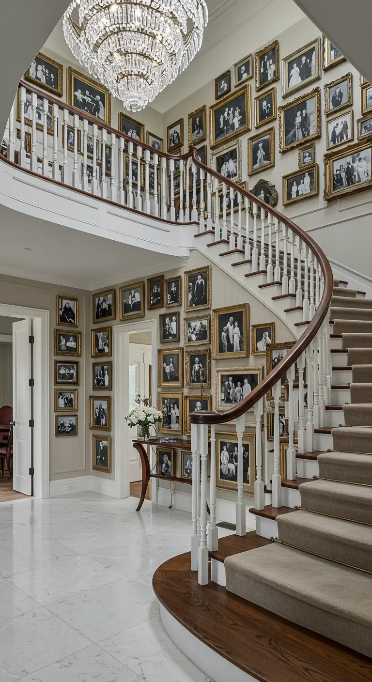 Gran escalera curva con una pared completamente cubierta de fotos familiares en marcos dorados ornamentados.