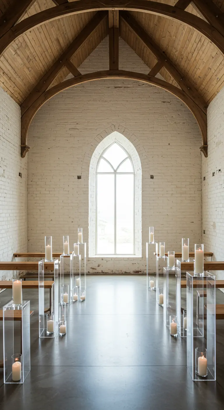 Pasillo de iglesia moderna flanqueado por pedestales de acrílico con velas blancas.