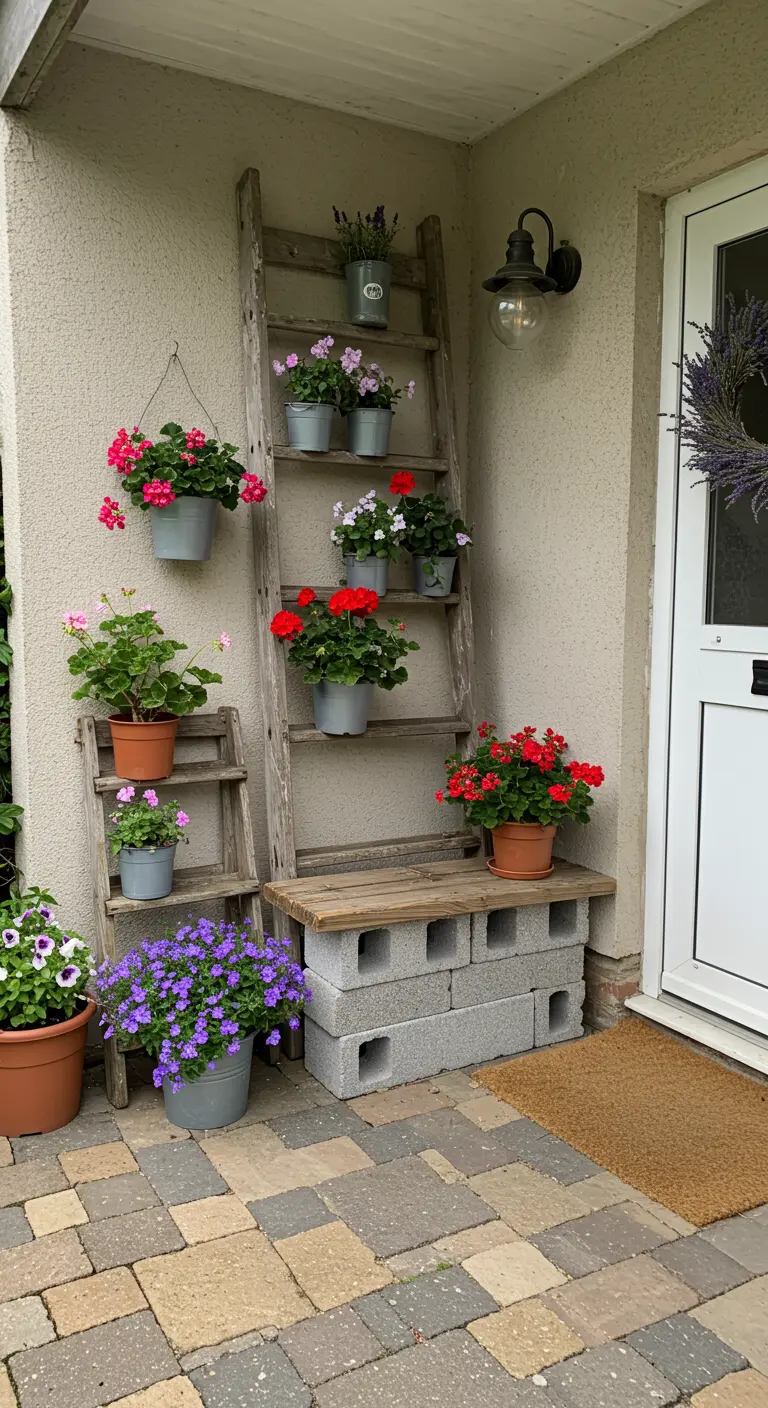Rincón de porche con una escalera de madera como estantería para plantas y un banco de bloques de hormigón.