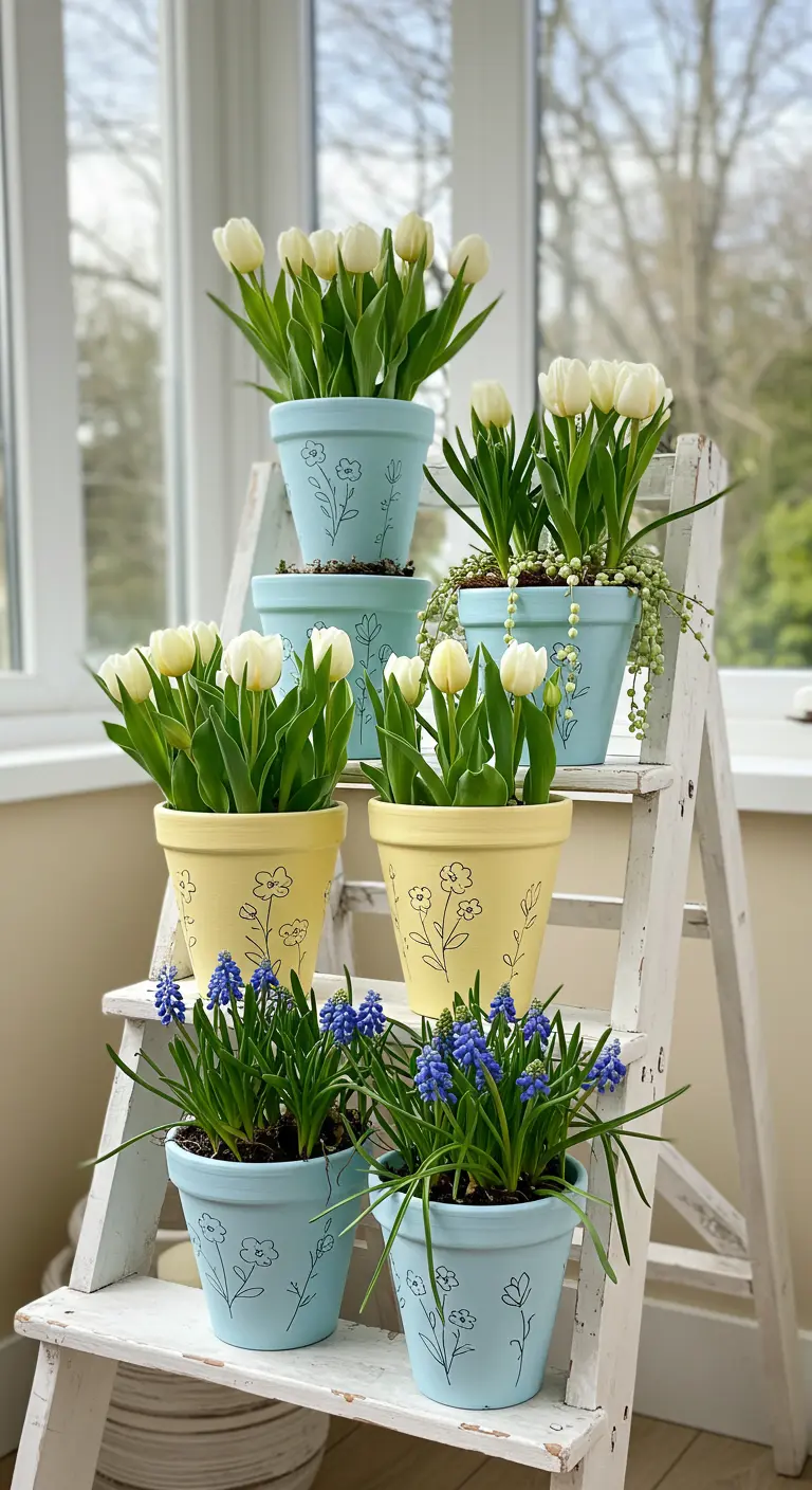 Macetas en tonos pastel azul y amarillo con tulipanes blancos en una escalera blanca.