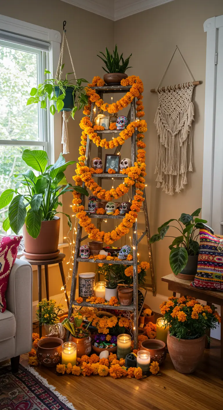 Escalera de madera rústica decorada como altar de muertos con guirnaldas de cempasúchil y luces.