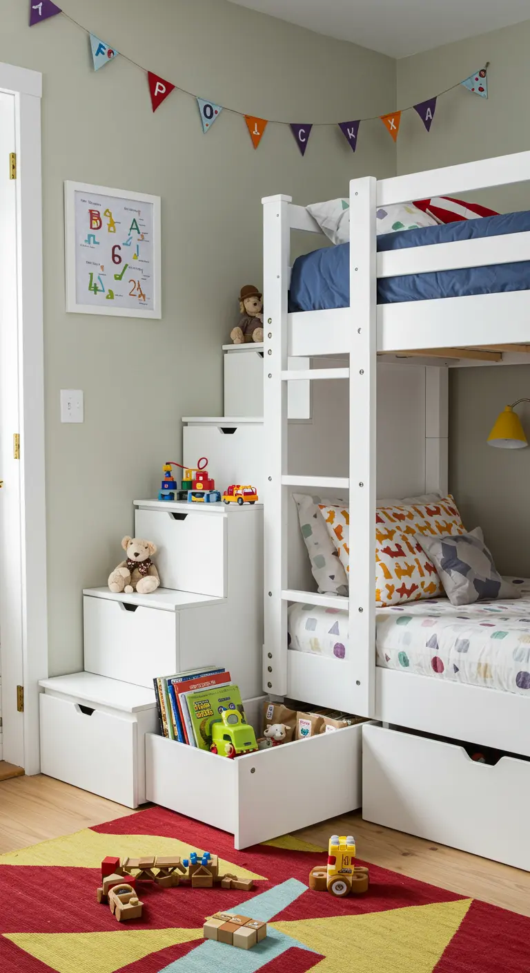 Litera blanca infantil con escalones que son cajones de almacenaje, llenos de libros y juguetes.