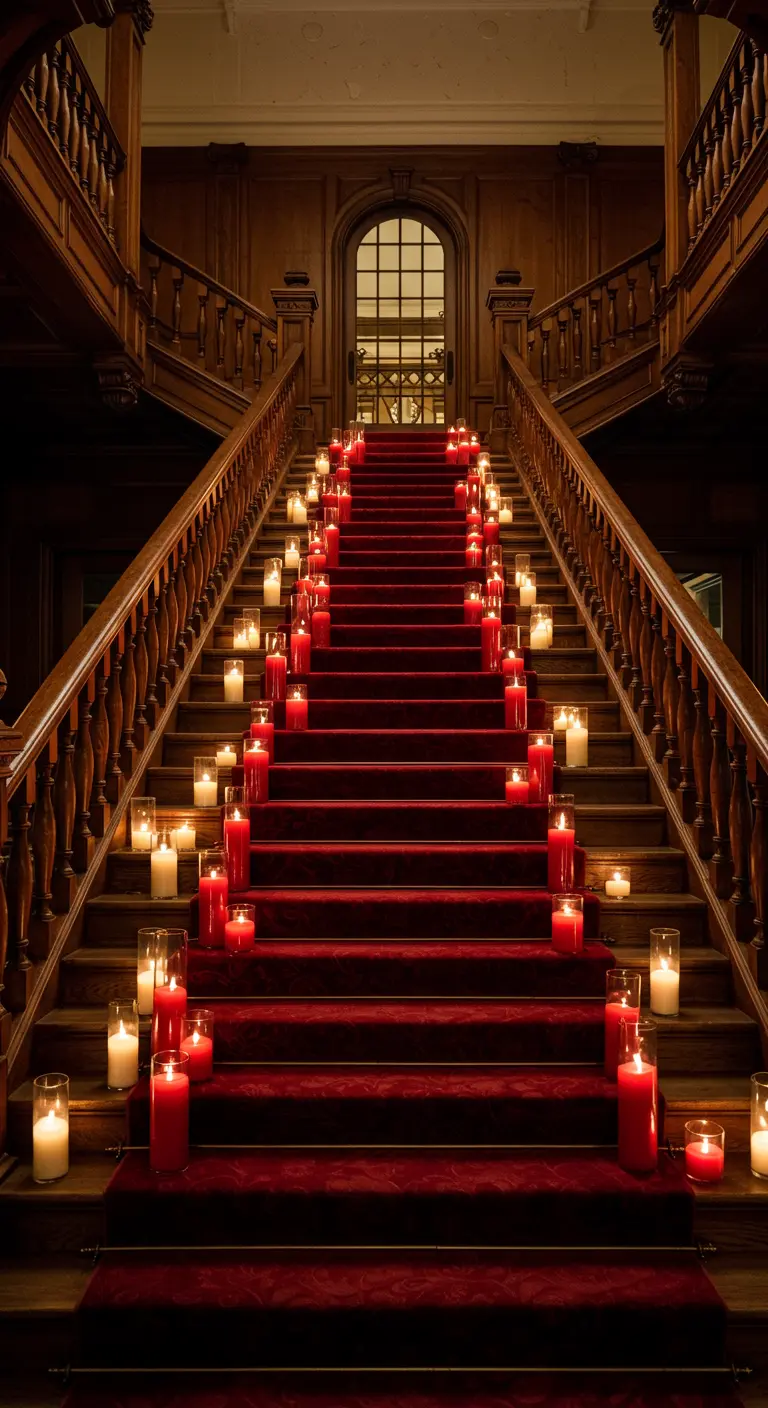 Gran escalera de madera con alfombra roja, flanqueada por velas rojas y blancas.