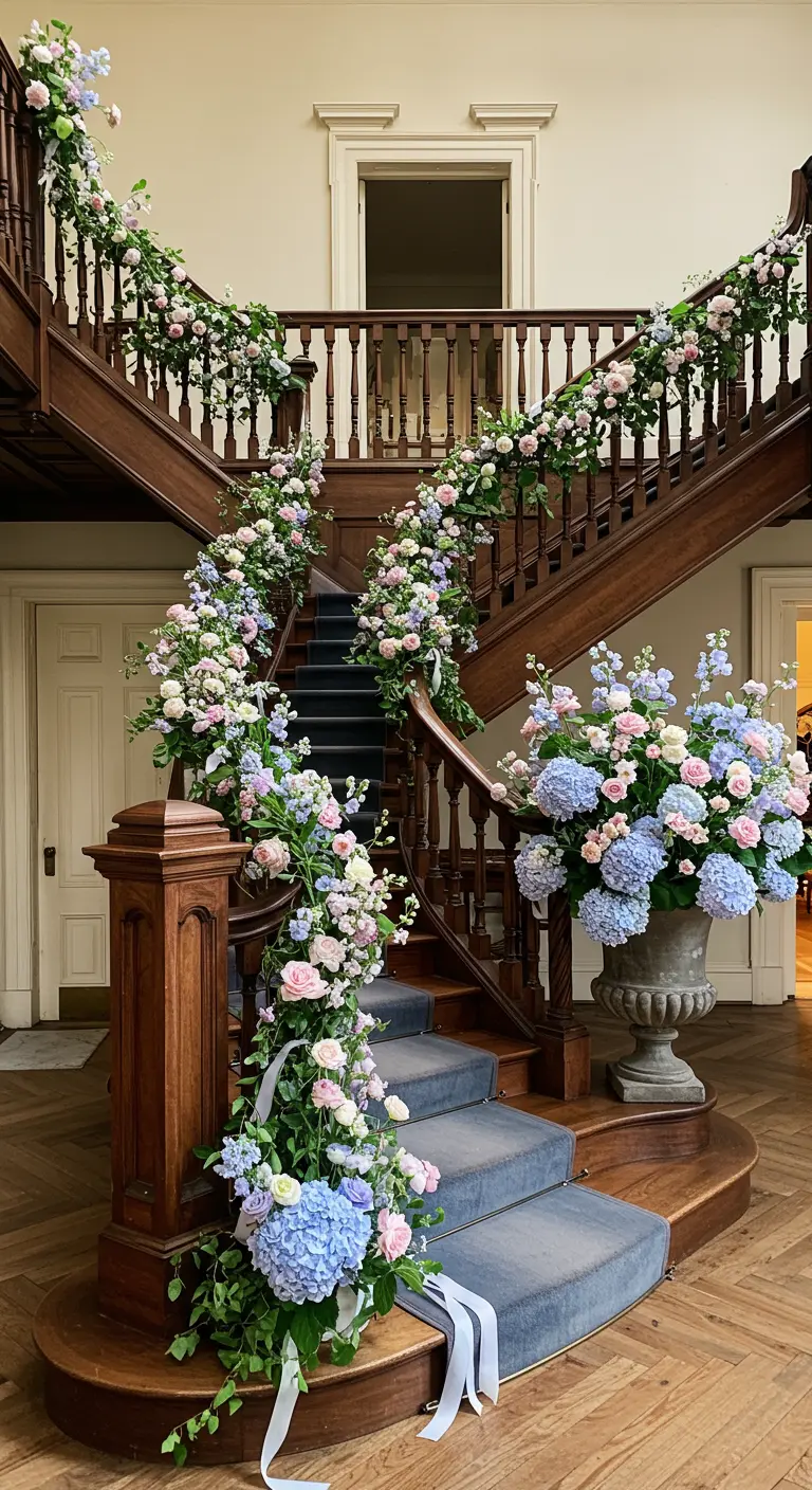 Escalera de madera señorial con barandillas cubiertas de guirnaldas de flores rosas y azules.