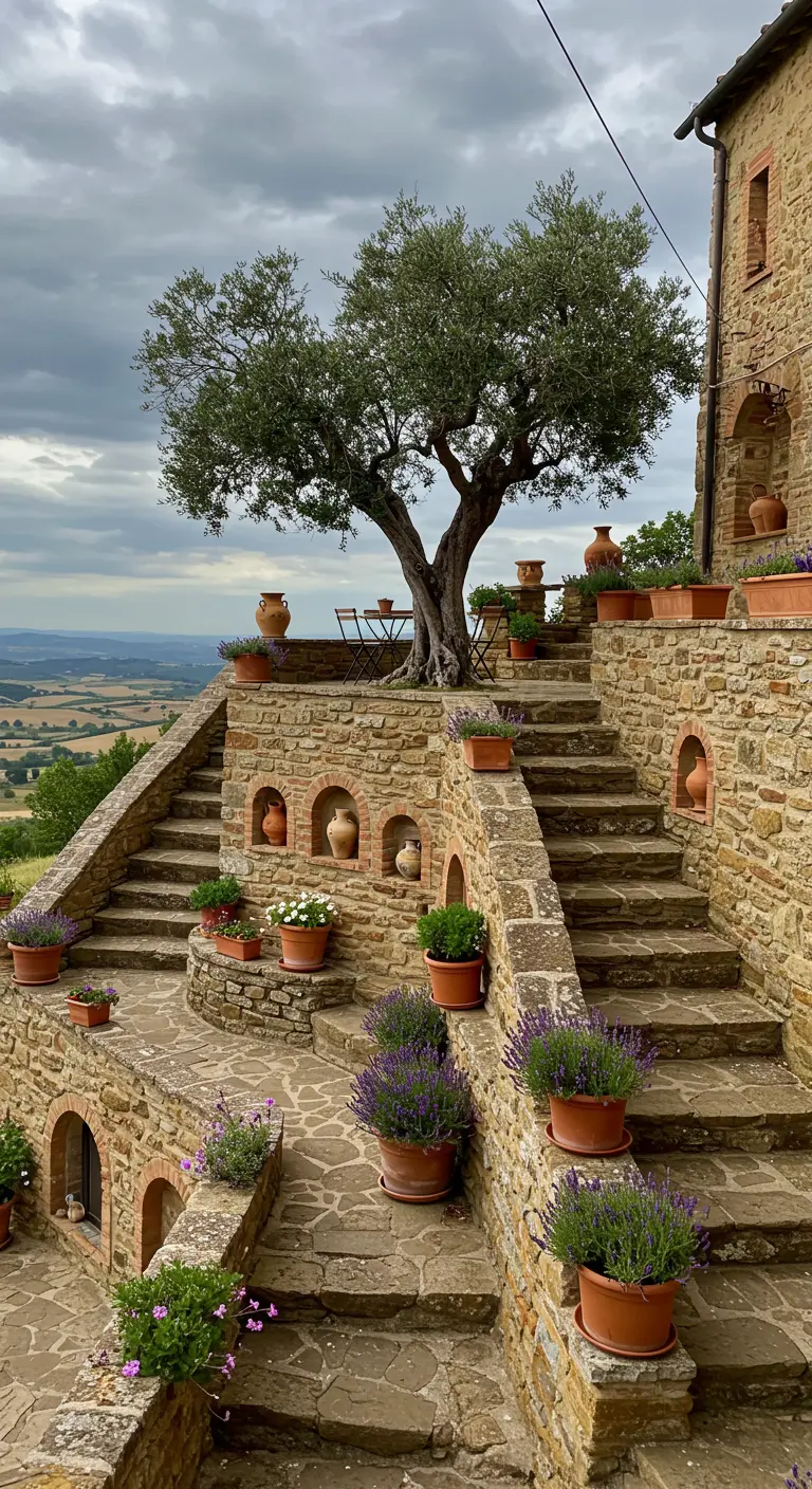 Escalera de piedra en una casa rústica, decorada con decenas de macetas de lavanda y flores.