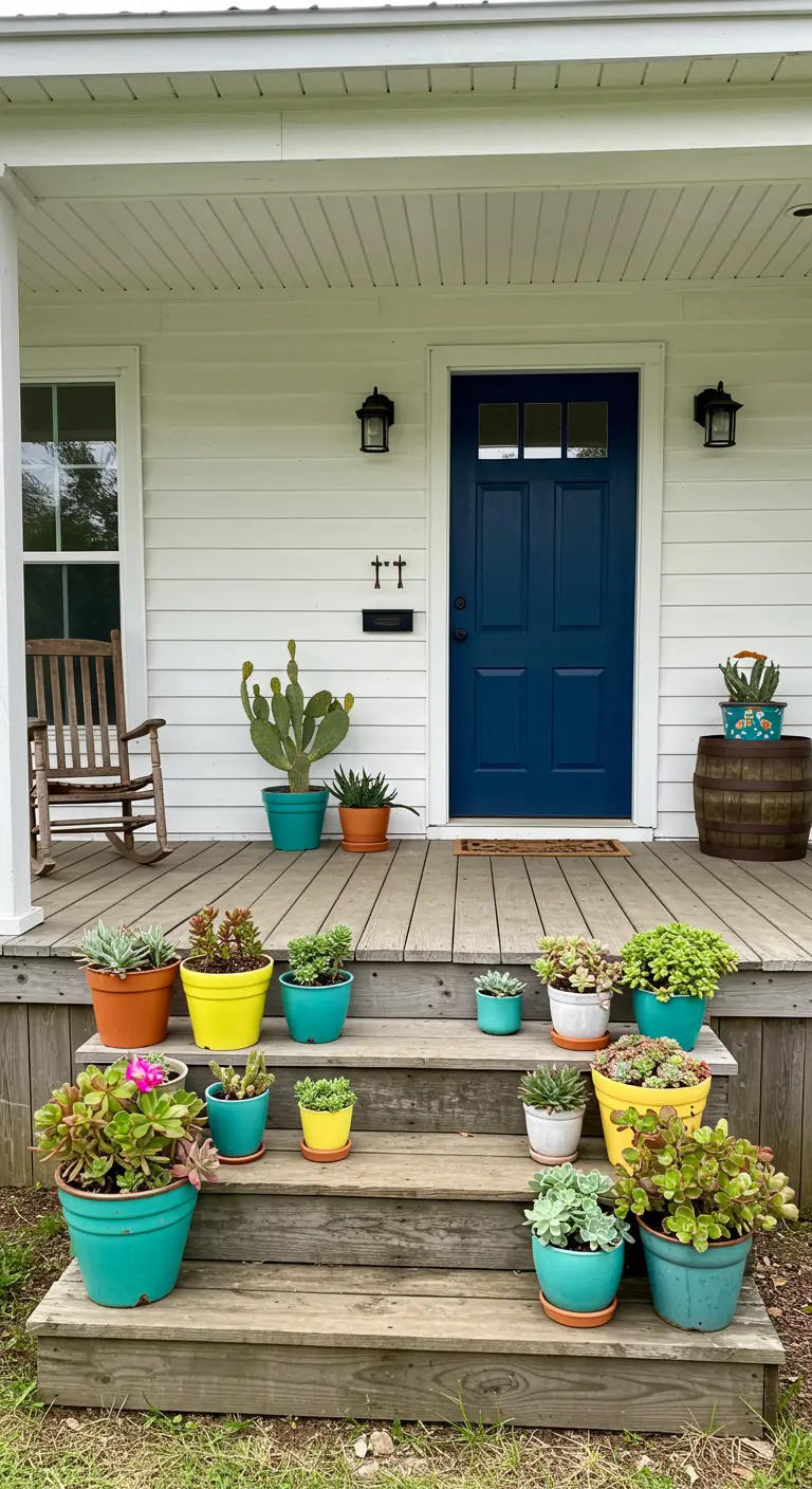 Porche de casa blanca con escalones de madera repletos de macetas coloridas con cactus y suculentas.