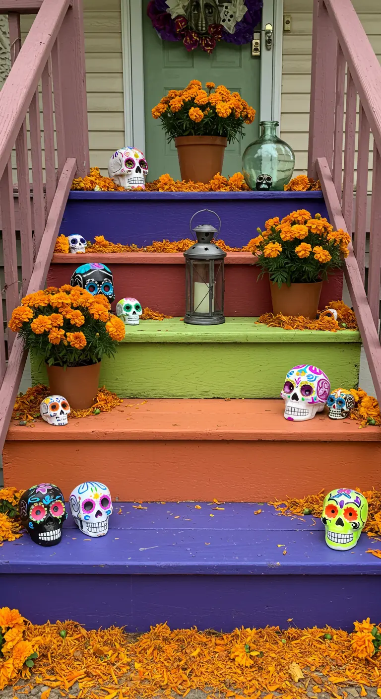 Escalones de madera pintados de colores vivos y decorados con calaveras y macetas.