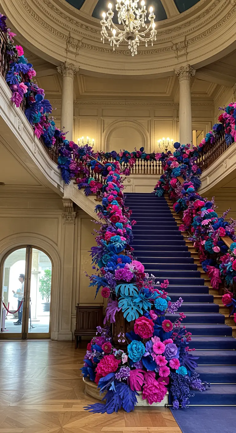 Gran escalera señorial con la barandilla completamente cubierta por una exuberante guirnalda de flores de papel azules y fucsias.