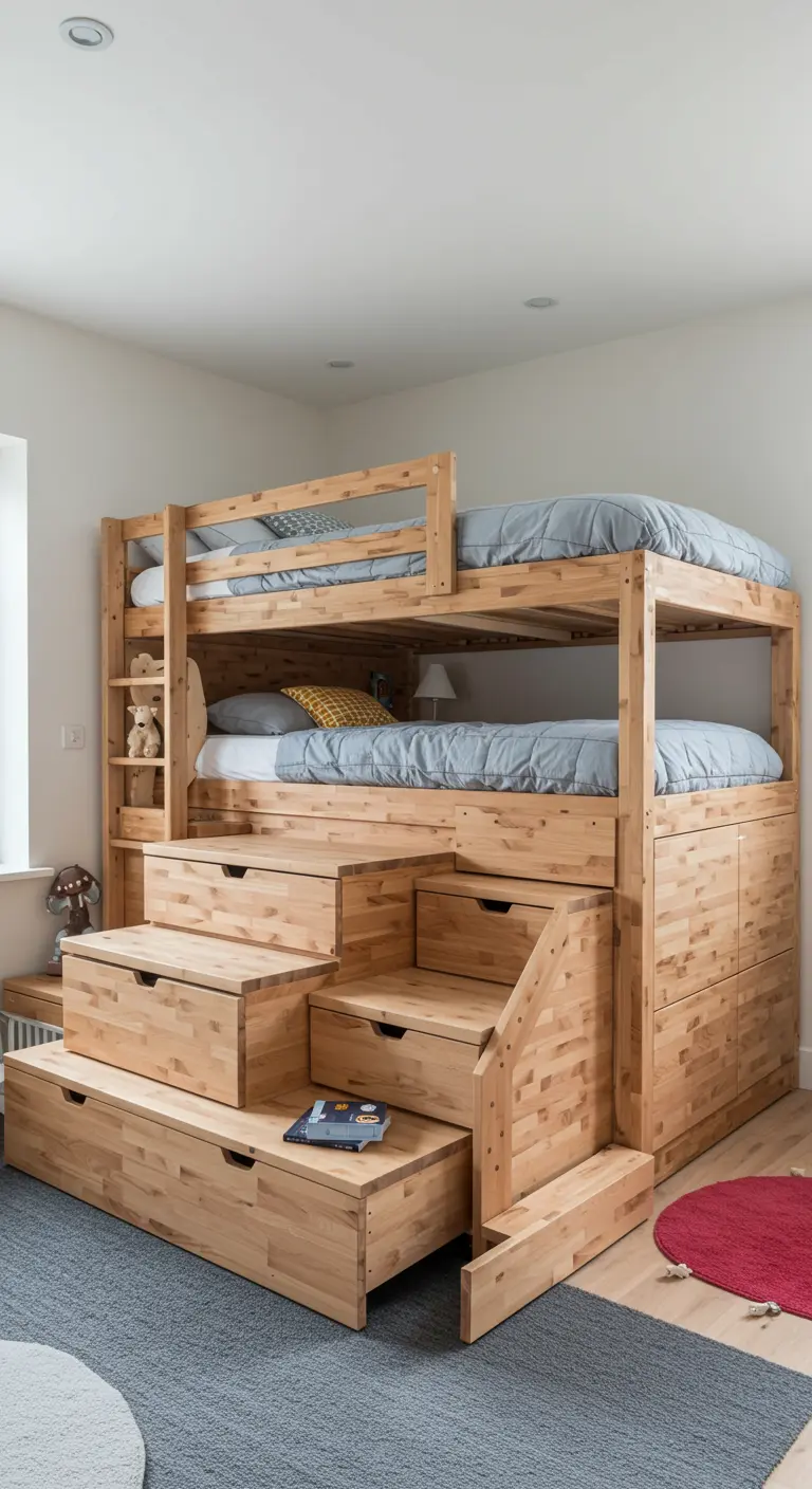 Litera doble de madera con una escalera central formada por cajones de almacenaje