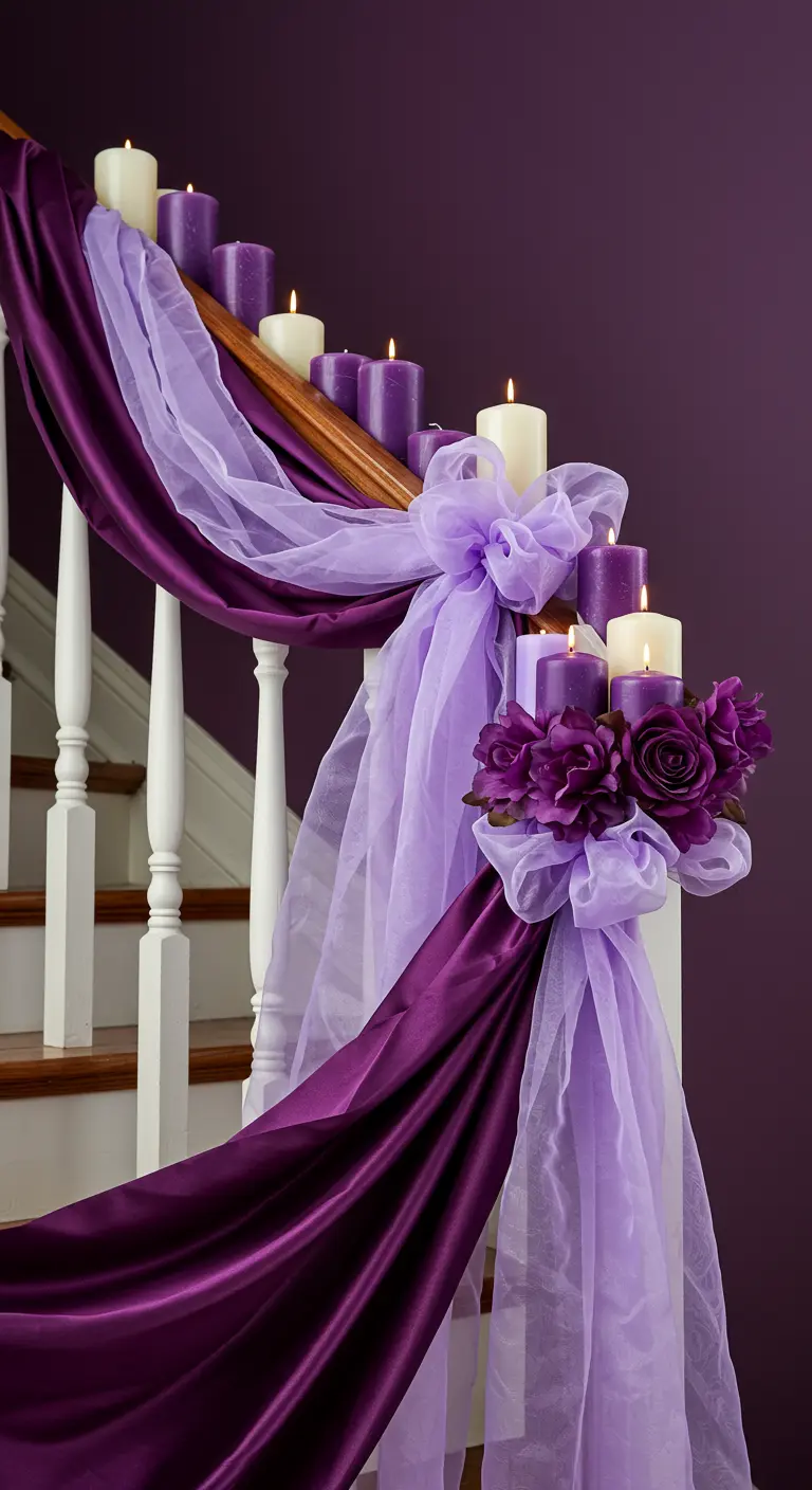 Barandilla de escalera decorada con telas moradas y lilas, lazos, flores y velas.