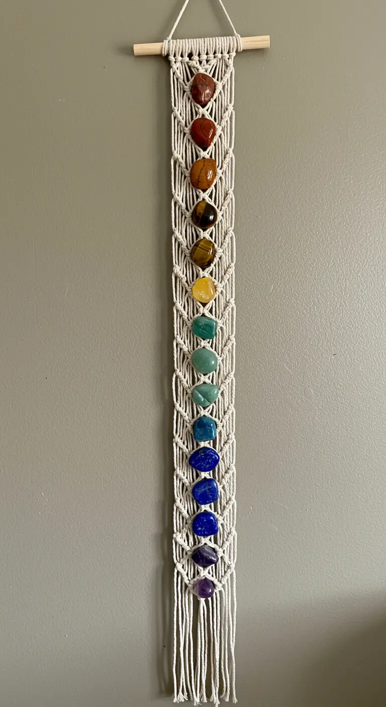 Tapiz de macramé largo y estrecho con piedras de los siete chakras.
