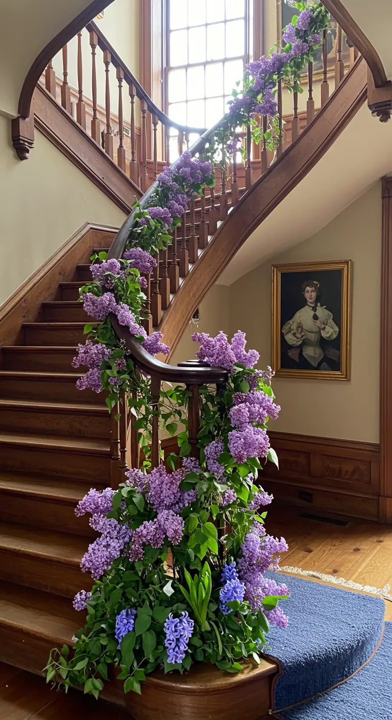 Barandilla de una escalera de madera decorada con una exuberante guirnalda de lilas moradas.