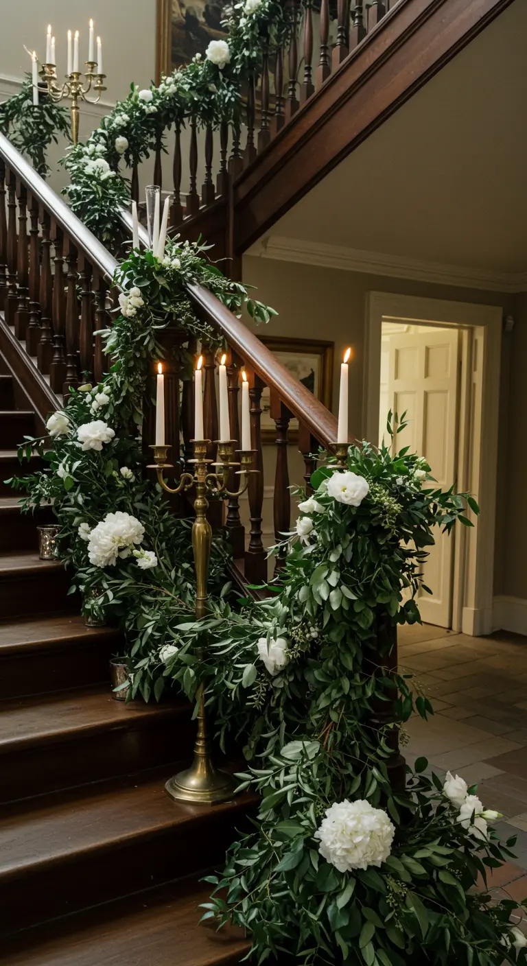 Escalera de madera decorada con una exuberante guirnalda de vegetación y candelabros dorados.