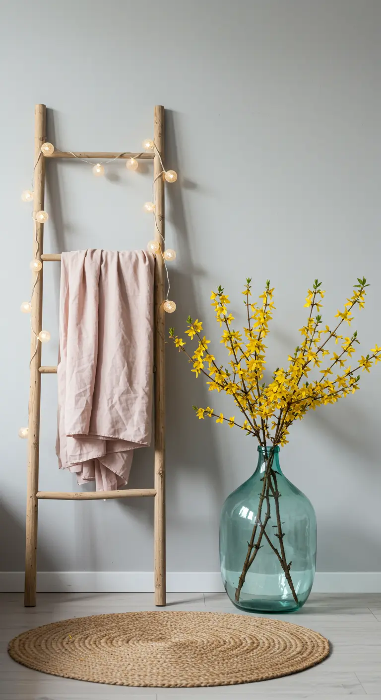 Escalera de madera decorativa con una guirnalda de luces, una manta rosa y un jarrón con flores amarillas.