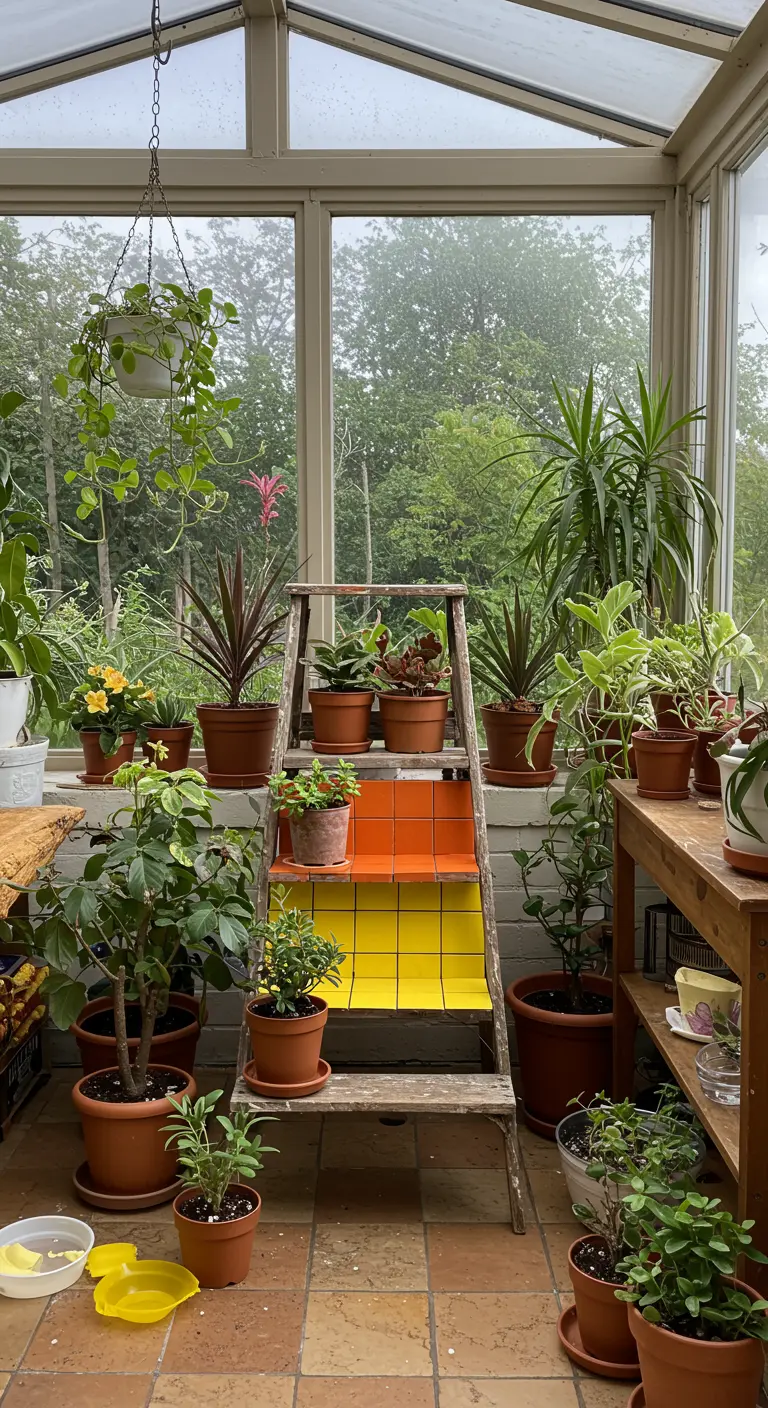 Escalera de madera vieja usada como estantería para plantas, con los peldaños cubiertos de azulejos naranjas y amarillos.