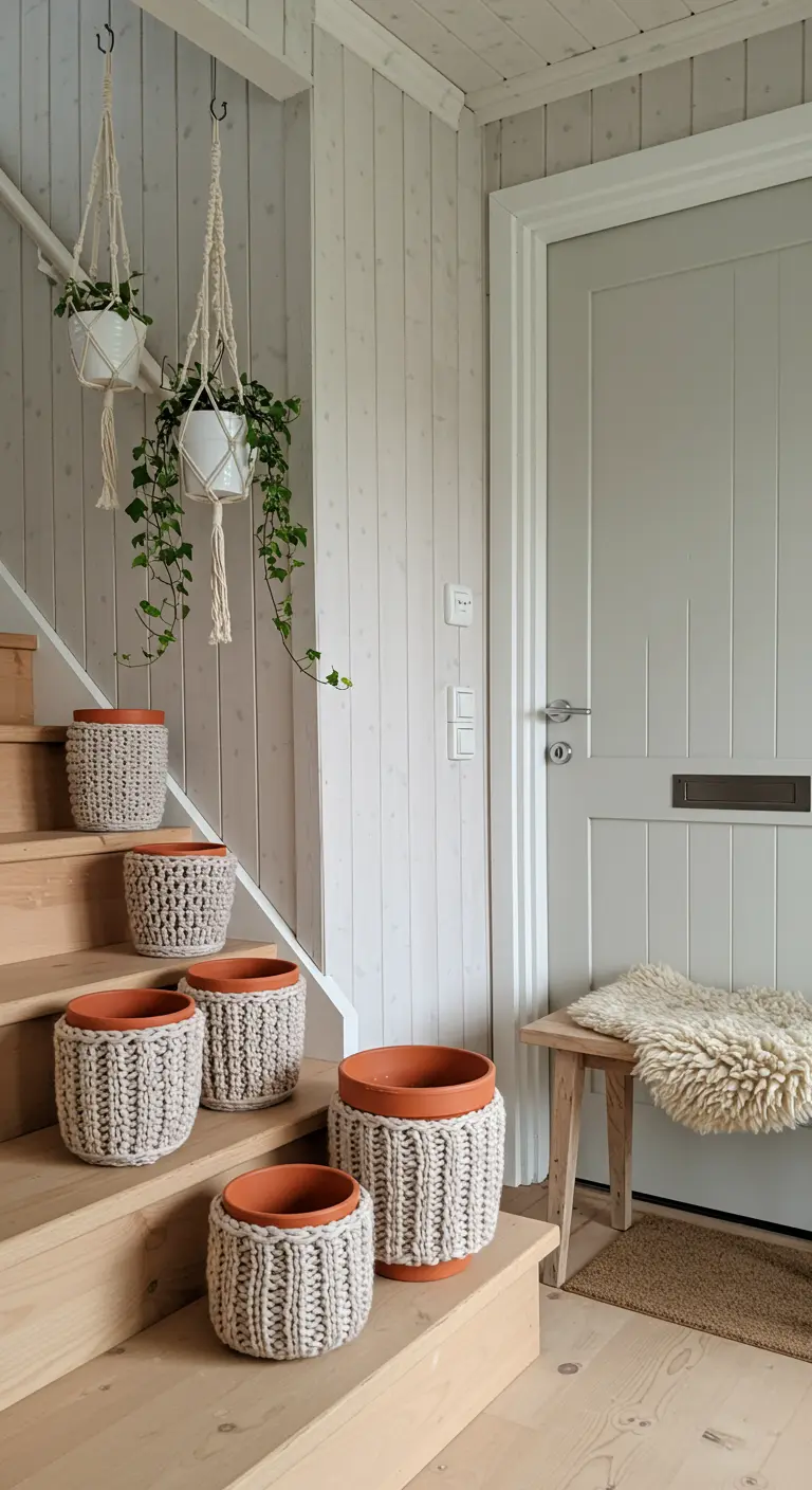Macetas de terracota cubiertas con fundas de punto grueso en una escalera de madera.